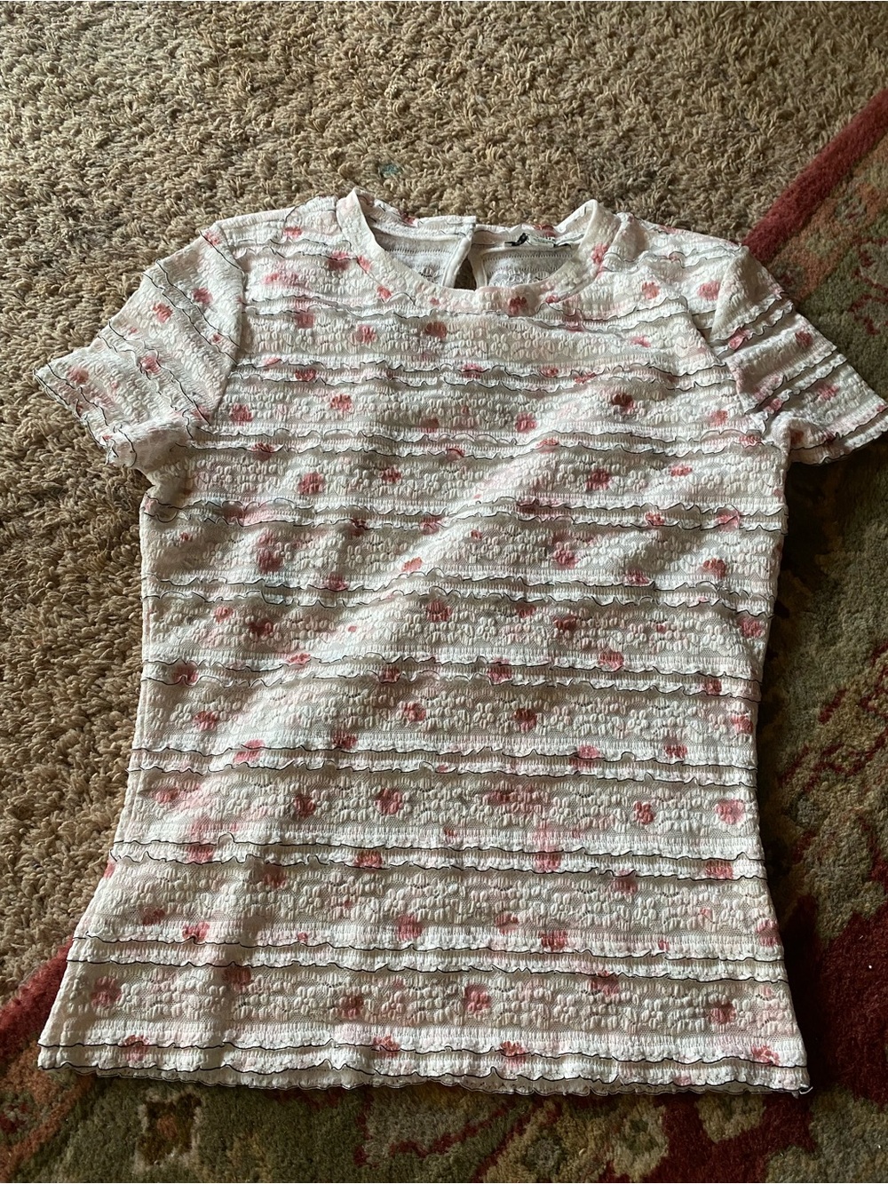Women's White Short Sleeve Textured Top with Pink Floral Accents
